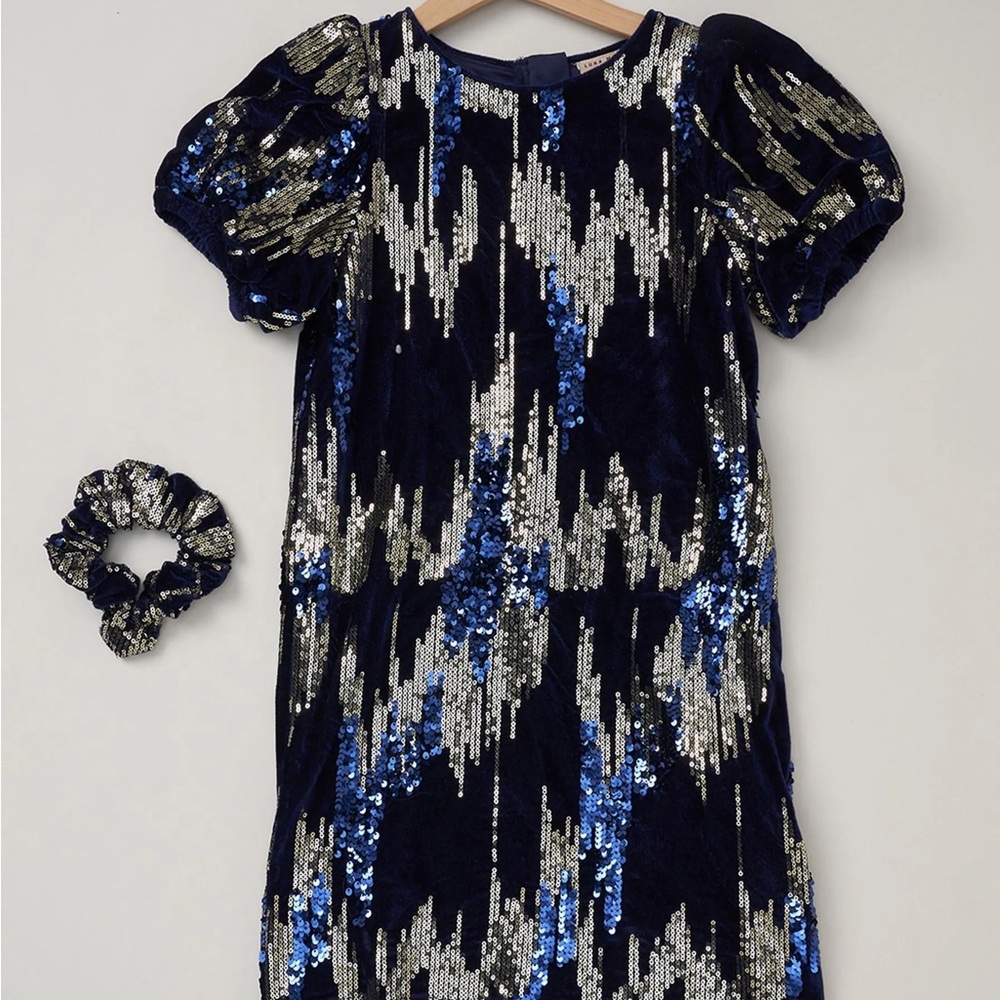 Elegant Sequin Kids Formal Dress - Navy and Silver